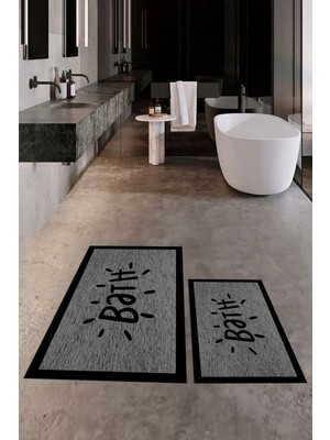 Mikasso Baskılı Yıkanabilir Kaymaz Çerçeveli Bath Yazılı Ikili Banyo Halısı Paspas Klozet Takımı Polyester G