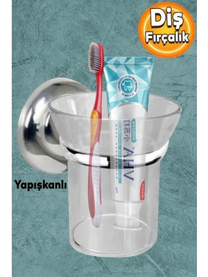 Mikasso Diş Fırçalık Yapışkanlı Banyo Diş Fırçası Kabı Kutusu Krom Kristal Metal Gri