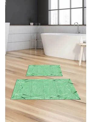 Mikasso Dijital Baskılı Kaymaz Taban Yıkanabilir Banyo Paspası 2'li Klozet Takımı Halısı Polyester Yeşil