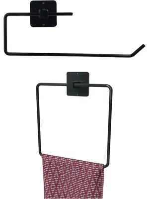 Mikasso Siyah Metal Yapışkanlı 2'li Set Kare Havluluk- Kağıt Havluluk Metal Siyah