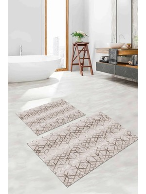 Mikasso Dijital Baskılı Yıkanabilir Kaymaz Taban Çizgi Desenli Banyo Paspası Klozet Takımı Polyester Kahvere