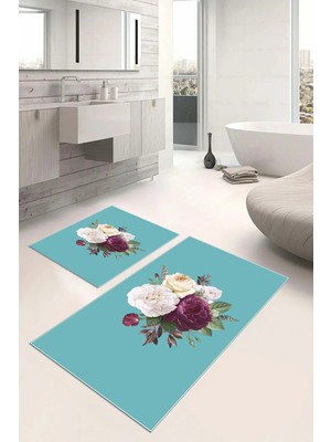 Mikasso Dijital Baskılı Yıkanabilir Kaymaz Taban Çiçek Motifli Banyo Paspası Klozet Takımı Polyester Turkuaz