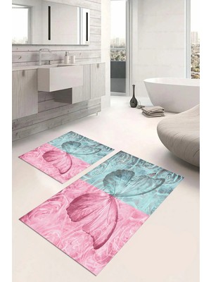 Mikasso Dijital Baskılı Yıkanabilir Renkli Kelebek Model Banyo Paspası Klozet Takımı Polyester Çok Renkli