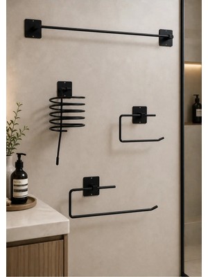 Mikasso Yapışkanlı 4’lü Siyah Banyo Aksesuar Seti Fön Makinesi Askılığı Kağıt Havluluk Havlu Askısı Wc Tuval