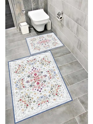 Mikasso Kaymaz Tabanlı Suya Dayanıklı Dijital Baskılı Banyo Paspası Takımı | Bordo Halı 1614 Polyester Orta