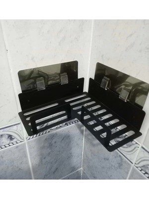 Mikasso Ister Kendinden Yapışkanlı Ister Vidalı Banyo Köşe Rafı Şampuanlık Mat Siyah Metal Siyah