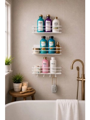 Mikasso Beyaz 3'lü Set Yapışkanlı 4 Kancalı Paslanmaz Banyo Rafı Mat Beyaz Banyo Şampuanlık Duşakabin Duş As
