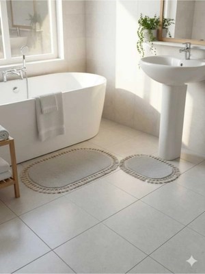 Mikasso 2li Kırem+6 Renk Mevcut Banyo Paspası Post Pelüş Ponpon Saçaklı Kaymaz Halı 50X80+40X50 Mikrofiber K