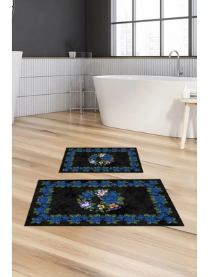 Mikasso Dijital Baskılı Kaymaz Taban Yıkanabilir Banyo Paspası 2'li Klozet Takımı Halısı Polyester Mavi