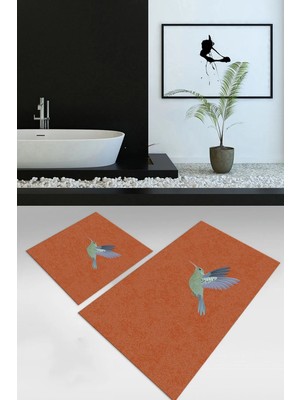 Mikasso Dijital Baskılı Kaymaz Yıkanabilir Kuş Desen Ikili Banyo Takımı Klozet Takımı, N-Klozet-36-Turuncu,