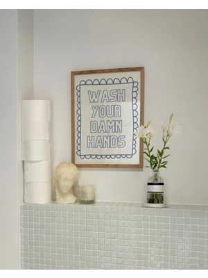 Mikasso Wash Your Damn Hands, Banyo Temalı Poster, Çerçevesiz Banyo Posteri, Banyo Dekorasyon Kağıt Mavi Çer