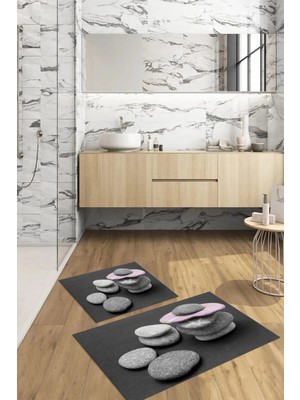 Mikasso Dijital Baskılı 3D Kaymaz Yıkanabilir Banyo Paspası 2'li Klozet Takımı Halısı Polyester Gri