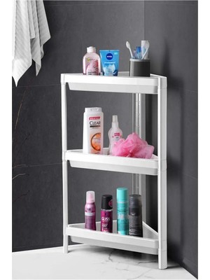 Mikasso 3 Katlı Üçgen Köşe Rafı - Plastik - Banyo, Mutfak, Balkon, Kiler Düzenleyici Raf Plastik Beyaz