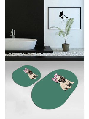 Mikasso Dijital Baskılı Kaymaz Yıkanabilir Köpek Desen Oval Banyo Takımı Klozet Takımı, N-O-Klozet-38-Yeşil,