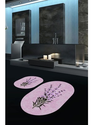 Mikasso Dijital Baskılı Kaymaz Taban Yıkanabilir Oval Banyo Takımı Klozet Takımı Polyester Pembe