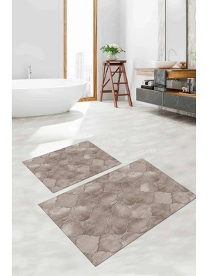 Mikasso Dijital Baskılı Yıkanabilir Kaymaz Taban Kupa Desenli Banyo Paspası Klozet Takımı Polyester Kahveren