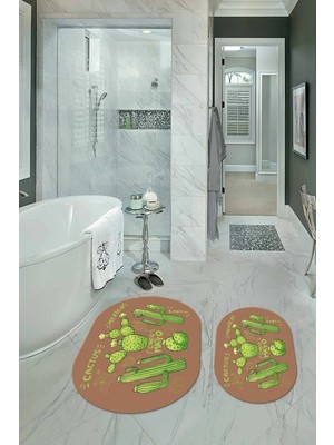 Mikasso Dijital Baskılı Kaymaz Yıkanabilir Kaktüs Oval Banyo Takımı Klozet Takımı Polyester Kahverengi