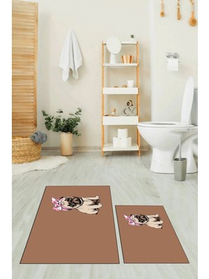 Mikasso Baskılı Yıkanabilir Kaymaz Sevimli Köpek Ikili Banyo Halısı Paspas Klozet Takımı Polyester Kahvereng