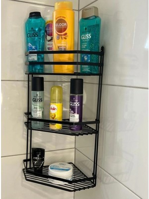 Mikasso Üç Katlı Siyah Banyo Köşe Rafı Turkuaz