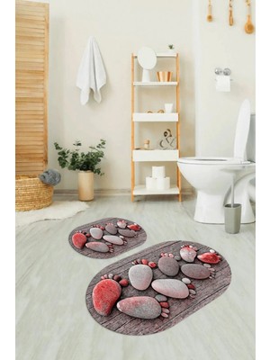 Mikasso 3D Dijital Baskılı Kaymaz Taban Yıkanabilir Oval Banyo Takımı Klozet Takımı Polyester Kırmızı