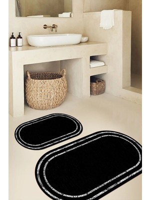 Mikasso Baskılı Kaymaz Taban Yıkanabilir Çerçeveli Oval Banyo Paspası 2'li Klozet Takımı Polyester Çok Renkl