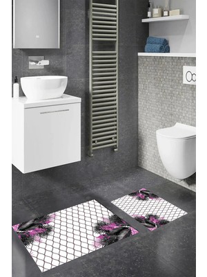 Mikasso Dijital Kaymaz Yıkanabilir Çiçek Desen Banyo Paspası 2'li Klozet Takımı Halısı Polyester Pembe
