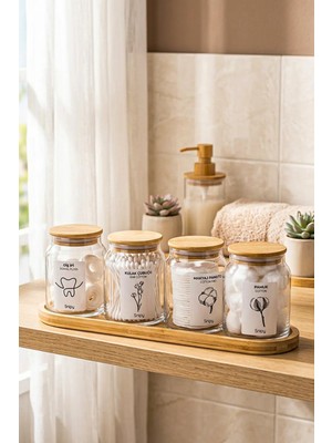 Mikasso Serra - Bambu Standlı Vakum Bambu Kapaklı Etiketli Banyo Düzenleyici Cam Banyo Seti Banyo Organizeri