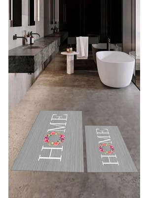 Mikasso Baskılı Yıkanabilir Kaymaz Çiçekli Home Yazılı Ikili Banyo Halısı Paspas Klozet Takımı Polyester Gri