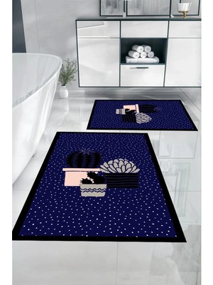 Mikasso Dijital Baskılı Yıkanabilir Modern Kaktüs Modelli Banyo Paspası Klozet Takımı Polyester Lacivert