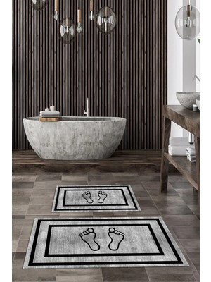Mikasso Dijital Kaymaz Yıkanabilir Ayak Izi Desen Banyo Paspası 2'li Klozet Takımı Halısı Polyester Gri
