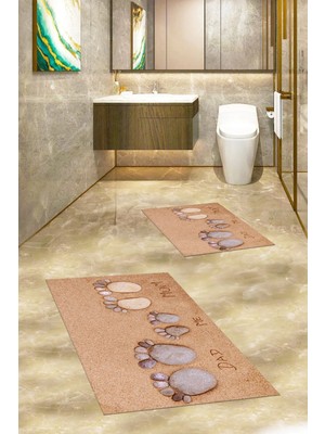 Mikasso 3D Baskılı Yıkanabilir Kaymaz Anne Baba Çocuk Ikili Banyo Halısı Klozet Takımı Polyester Kahverengi