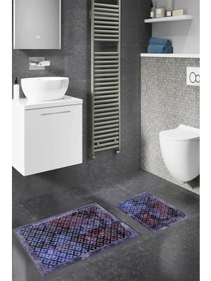 Mikasso Dijital Baskılı Kaymaz Taban Yıkanabilir Banyo Paspası 2'li Klozet Takımı Halısı Polyester Mor