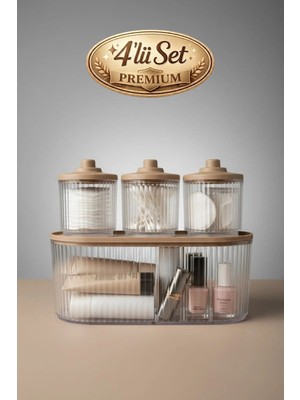 Mikasso Premium 4'lü Banyo Bakım Seti | Organizer | Pamukluk | Makyaj Düzenleyici | Banyo Seti | Toprak Akri