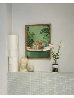 Mikasso Küvette Gazete Okuyan Kedi Posteri, Kedi Posteri, Banyo Temalı Çerçevesiz Kedi Posteri Kağıt Yeşil Ç