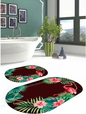 Mikasso Dijital Yıkanabilir Renkli Flamingo Desenli Oval Banyo Paspası Klozet Takımı Polyester Bordo