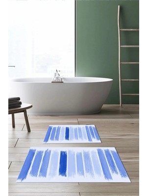 Mikasso Dijital Baskılı Kaymaz Taban Yıkanabilir Banyo Paspası 2'li Klozet Takımı Halısı Polyester Mavi