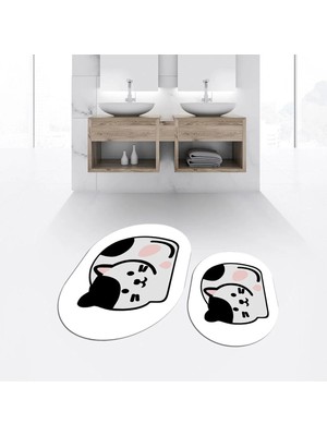 Mikasso Dijital Baskılı Kaymaz Taban Yıkanabilir Oval Ikili Banyo Paspas Klozet Takımı, V-O-Klozet-43-Beyaz,