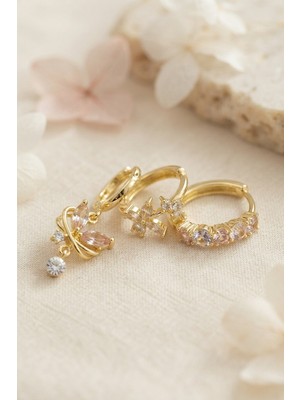 Hatıra Kutusu 3 Lü Set Gold Renk Zirkon Taşlı Kelebek Model Küpe - Lisinya