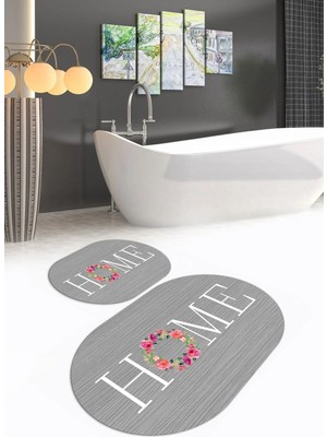 Mikasso Dijital Baskılı Kaymaz Yıkanabilir Home Oval Banyo Takımı Klozet Takımı Polyester Gri