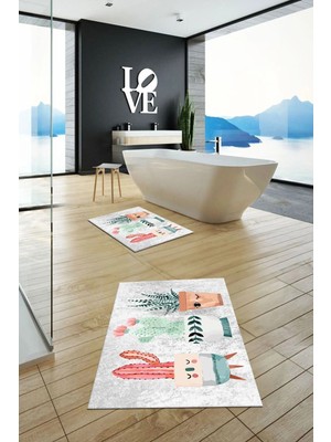 Mikasso Baskılı Yıkanabilir Kaymaz Renkli Kaktüs Desenli Ikili Banyo Halısı Klozet Takımı Polyester Gri