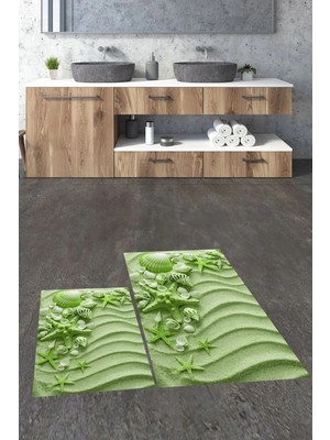 Mikasso 3D Baskılı Yıkanabilir Kaymaz Modern Ikili Banyo Halısı Paspas Klozet Takımı Polyester Yeşil