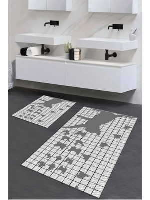 Mikasso Baskılı Kaymaz Yıkanabilir Kedi Desen Banyo Paspası 2'li Klozet Takımı Halısı Polyester Gri