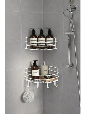 Mikasso Beyaz Köşe Duş Rafı 2’li Şampuanlık 21 cm – Yapışkanlı/vidalı (Banyo Köşeliği) - Tk-01 Metal Beyaz