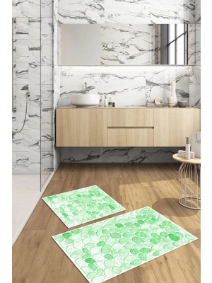 Mikasso Dijital Baskılı 3D Kaymaz Yıkanabilir Banyo Paspası 2'li Klozet Takımı Halısı Polyester Yeşil