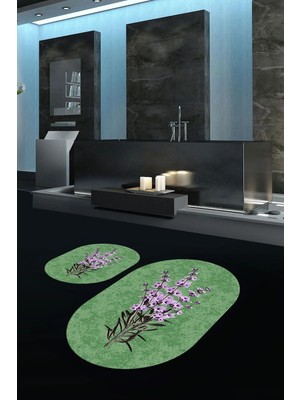 Mikasso Dijital Baskılı Kaymaz Taban Yıkanabilir Oval Banyo Takımı Klozet Takımı Polyester Yeşil