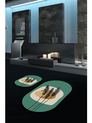 Mikasso Dijital Baskılı Kaymaz Taban Yıkanabilir Oval Banyo Takımı Klozet Takımı Polyester Yeşil