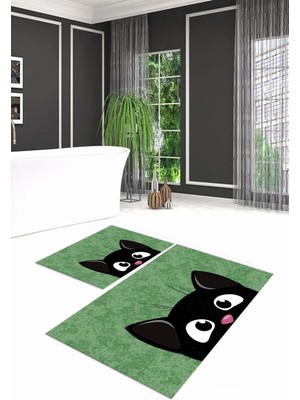 Mikasso Dijital Baskılı Kaymaz Yıkanabilir Kedi Desen Ikili Banyo Takımı Klozet Takımı, N-Klozet-40-Yeşil, P