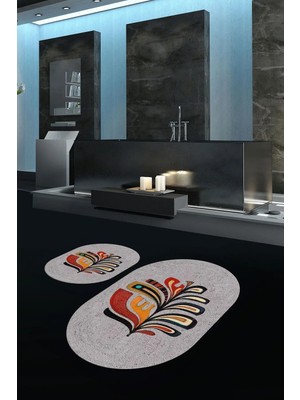 Mikasso Dijital Baskılı Kaymaz Taban Yıkanabilir Oval Banyo Takımı Klozet Takımı Polyester Gri