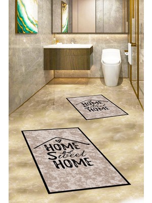 Mikasso Dijital Yıkanabilir Kaymaz Home Sweet Yazılı Ikili Banyo Halısı Paspas Klozet Takımı Polyester Kahve