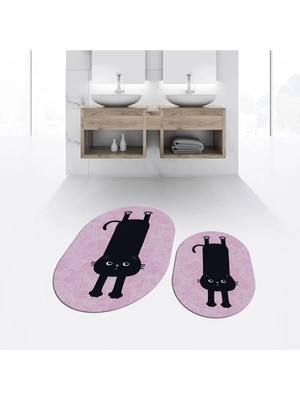 Mikasso Dijital Baskılı Kaymaz Taban Yıkanabilir Oval Ikili Banyo Paspas Klozet Takımı, V-O-Klozet-39-Pembe,